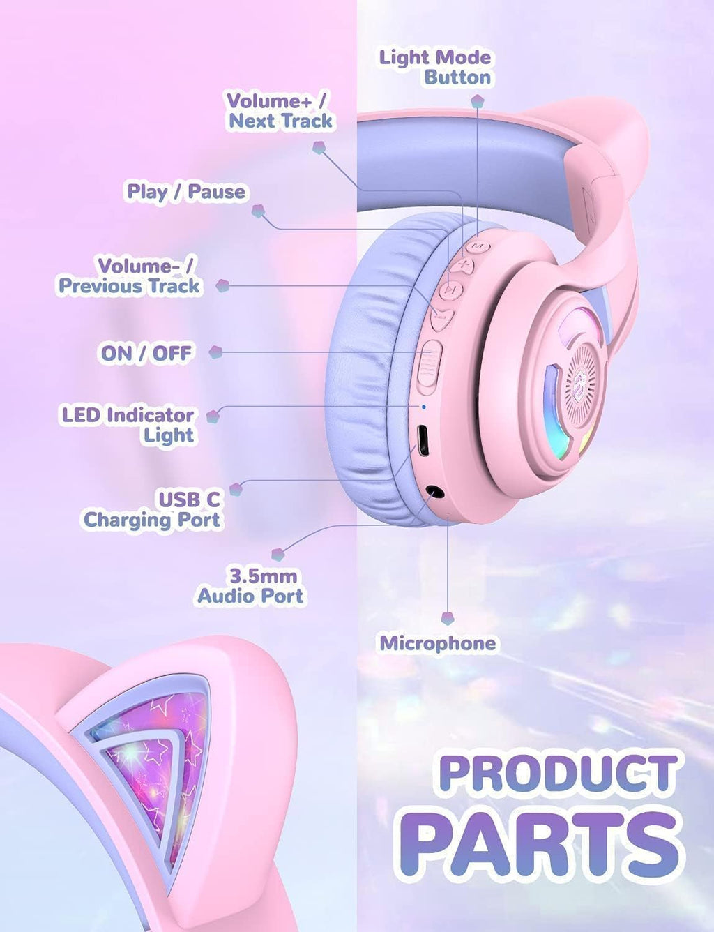 Kids Bluetooth Headphones with LED Lights and Safe Volume