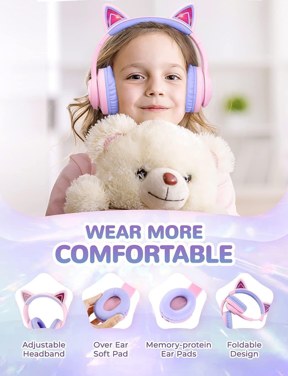 Kids Bluetooth Headphones with LED Lights and Safe Volume
