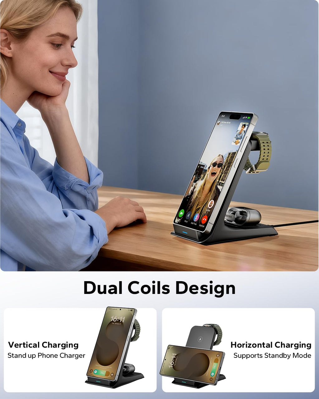 3-in-1 Wireless Charging Station for Phone Watch Earbuds