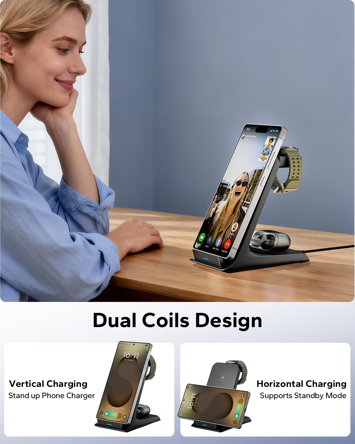 3-in-1 Wireless Charging Station for Phone Watch Earbuds