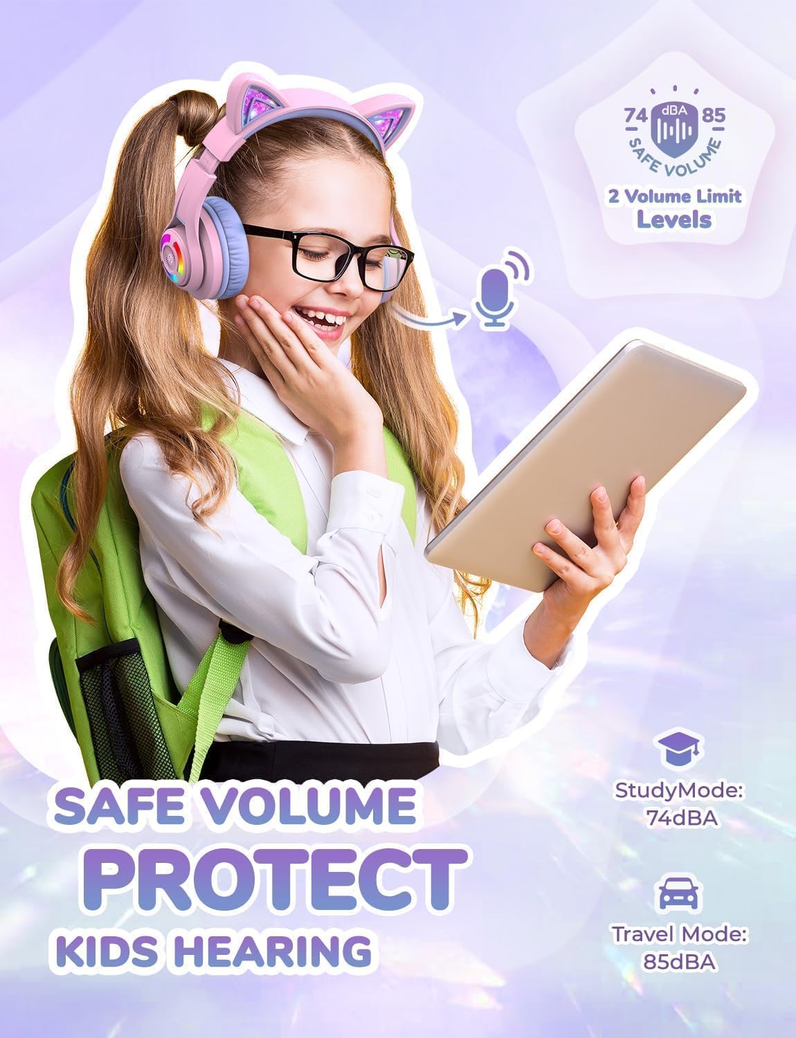 Kids Bluetooth Headphones with LED Lights and Safe Volume